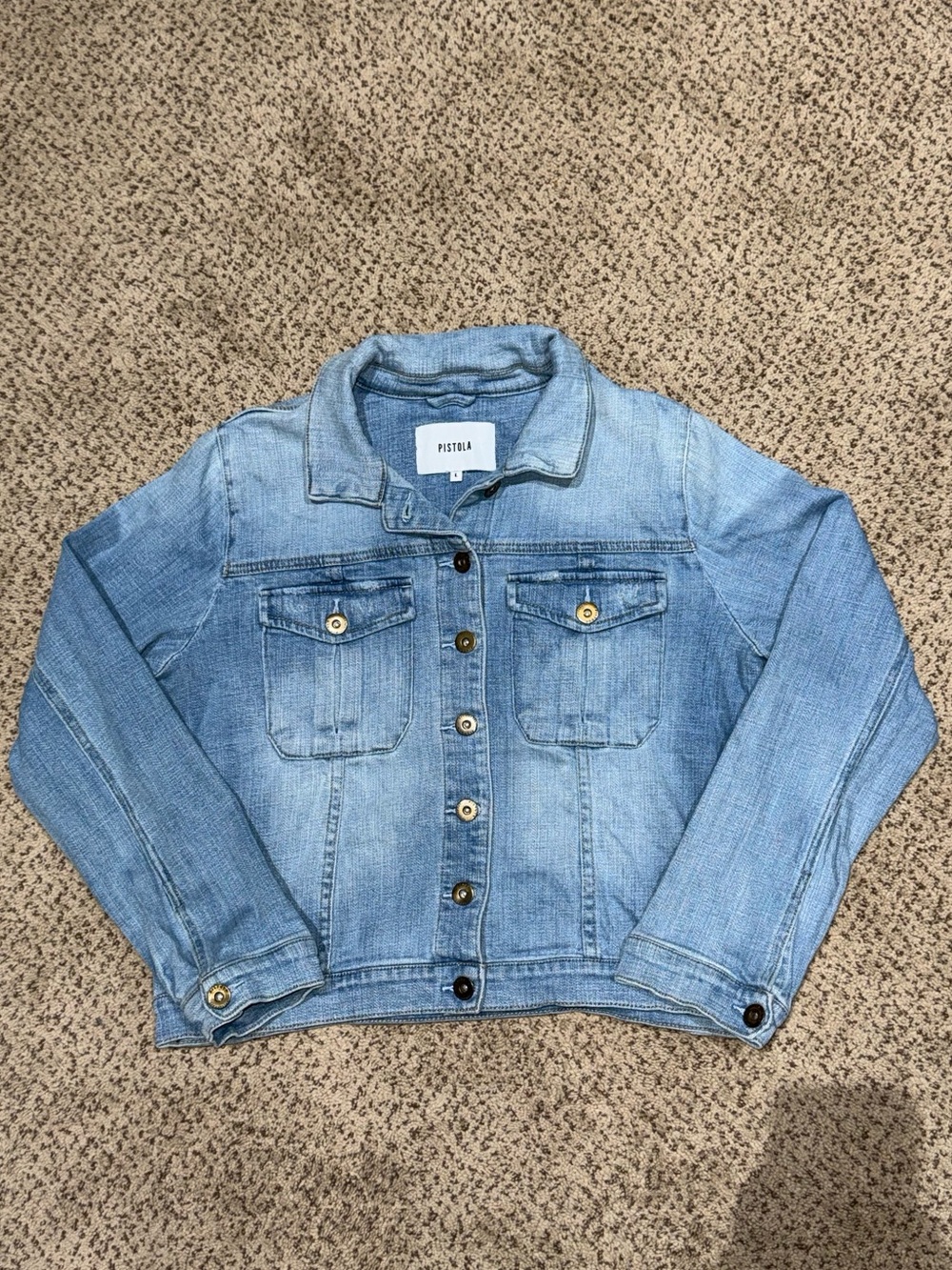 PISTOLA Cropped Light Wash Stretch Denim Trucker Jacket | Broken In | Women’s L